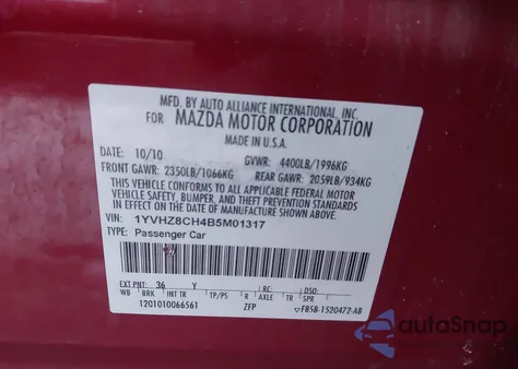 2011 Mazda Mazda6 I Touring from USA, damaged, VIN 1YVHZ8CH4B5M01317
